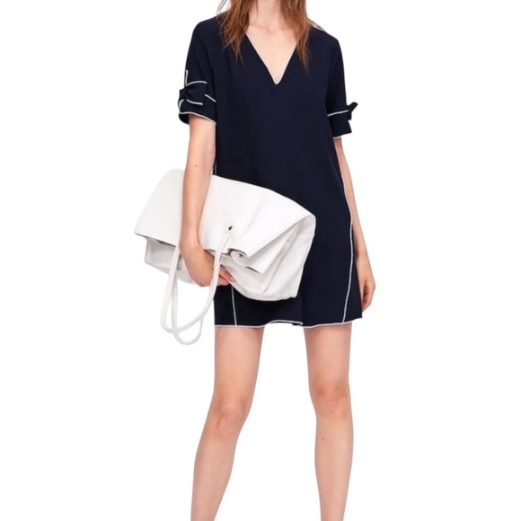 Zara Dark Blue Tunic with Bow Accents size Large - Picture 8 of 10